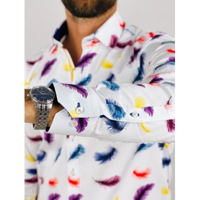 DANIEL BESSI Koszula męska fb116 biała w kolorowe pióra, niepowtarzalna | Sklep GriShop.eu | Koszule