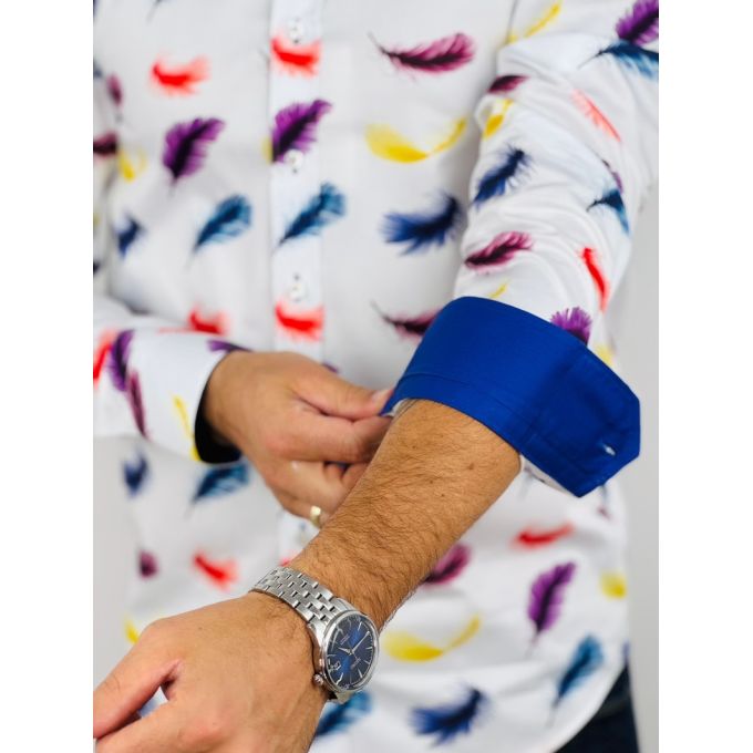 DANIEL BESSI Koszula męska fb116 biała w kolorowe pióra, niepowtarzalna | Sklep GriShop.eu | Koszule