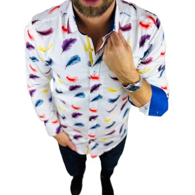 DANIEL BESSI Koszula męska fb116 biała w kolorowe pióra, niepowtarzalna | Sklep GriShop.eu | Koszule