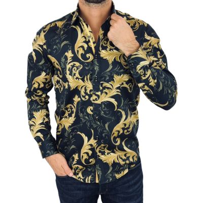 DANIEL BESSI Koszula męska fb125 czarna ekskluzywna glam złote wzory paisley | Sklep GriShop.eu | Koszule