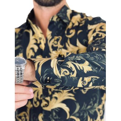 DANIEL BESSI Koszula męska fb125 czarna ekskluzywna glam złote wzory paisley | Sklep GriShop.eu | Koszule