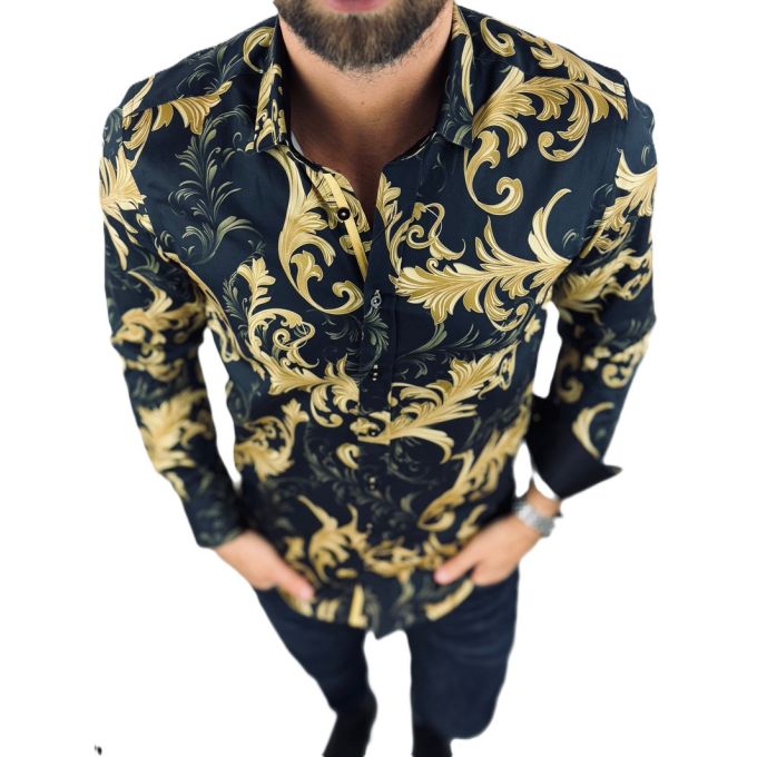 DANIEL BESSI Koszula męska fb125 czarna ekskluzywna glam złote wzory paisley | Sklep GriShop.eu | Koszule