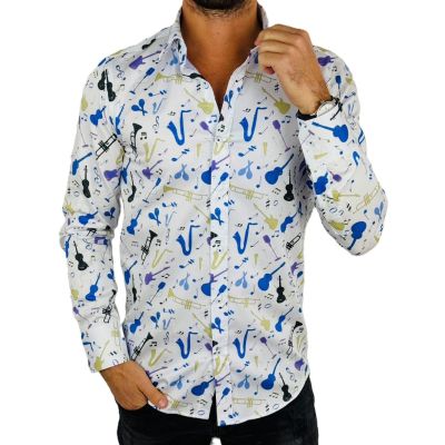 GIOVANNI PERA Koszula męska GP374 biała muzyczna kolorowa wesoła impreza | Sklep GriShop.eu | Koszule