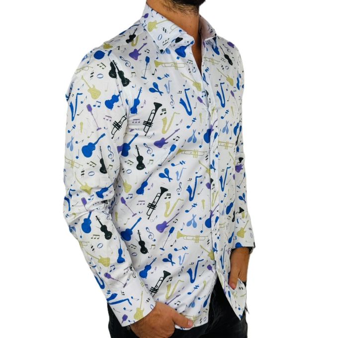 GIOVANNI PERA Koszula męska GP374 biała muzyczna kolorowa wesoła impreza | Sklep GriShop.eu | Koszule