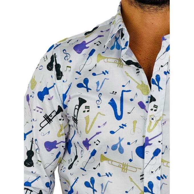 GIOVANNI PERA Koszula męska GP374 biała muzyczna kolorowa wesoła impreza | Sklep GriShop.eu | Koszule