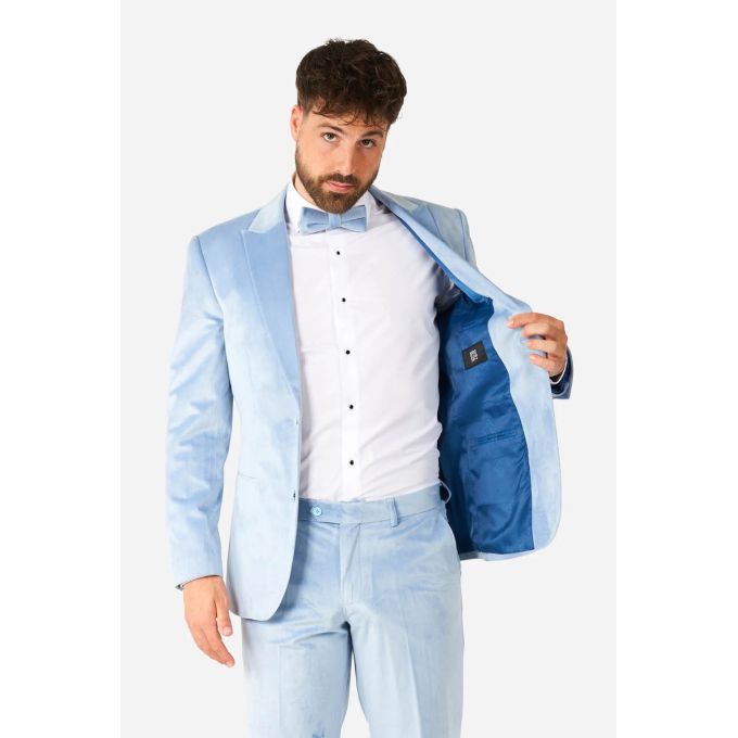 OPPOSUITS Garnitur męski z muszką, niebieski, welur, elegancki | Sklep GriShop.eu | Garnitury