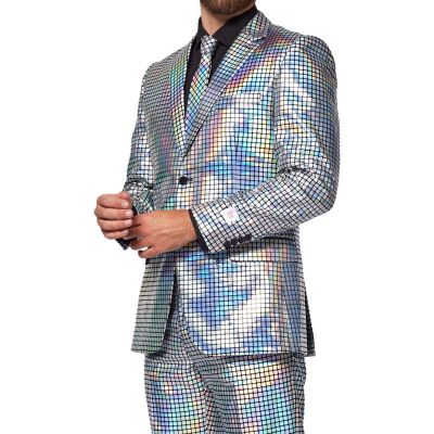 OPPOSUITS Garnitur męski z krawatem, srebrny, imprezowy, disco, połysk, blask, kwadraciki | Sklep GriShop.eu | Garnitury
