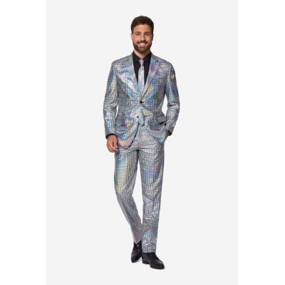 OPPOSUITS Garnitur męski z krawatem, srebrny, imprezowy, disco, połysk, blask, kwadraciki | Sklep GriShop.eu | Garnitury