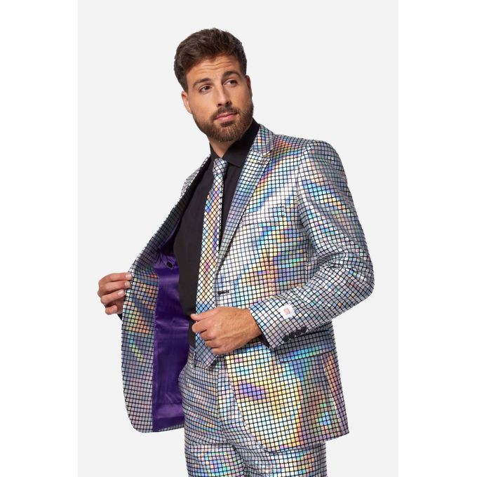 OPPOSUITS Garnitur męski z krawatem, srebrny, imprezowy, disco, połysk, blask, kwadraciki | Sklep GriShop.eu | Garnitury