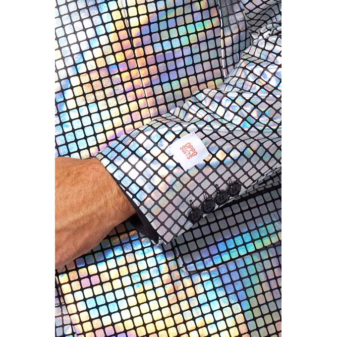 OPPOSUITS Garnitur męski z krawatem, srebrny, imprezowy, disco, połysk, blask, kwadraciki | Sklep GriShop.eu | Garnitury