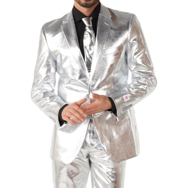 OPPOSUITS Garnitur męski z krawatem, srebrny, SHINY SILVER, imprezowy, połysk, blask