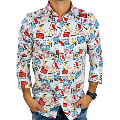GIOVANNI PERA Koszula męska GP375 znaczki pocztowe, kolorowa, ALOHA, paradise, summer | Sklep GriShop.eu | Koszule