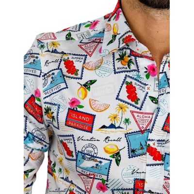 GIOVANNI PERA Koszula męska GP375 znaczki pocztowe, kolorowa, ALOHA, paradise, summer | Sklep GriShop.eu | Koszule