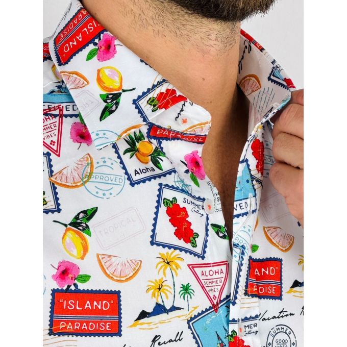 GIOVANNI PERA Koszula męska GP375 znaczki pocztowe, kolorowa, ALOHA, paradise, summer | Sklep GriShop.eu | Koszule