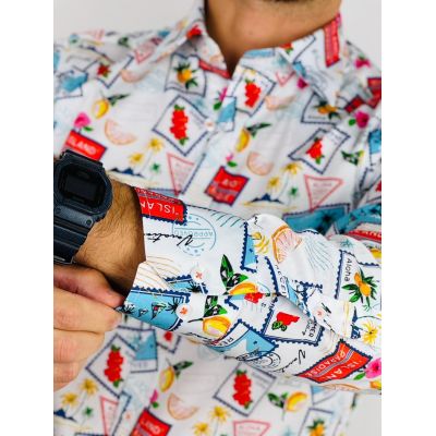 GIOVANNI PERA Koszula męska GP375 znaczki pocztowe, kolorowa, ALOHA, paradise, summer | Sklep GriShop.eu | Koszule