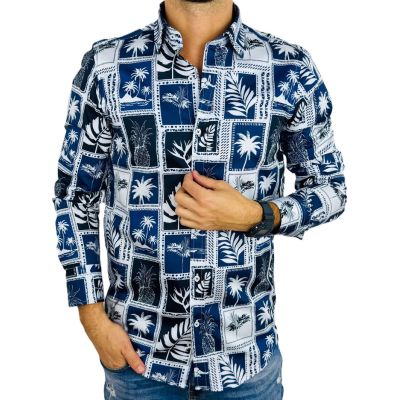GIOVANNI PERA Koszula męska GP376 granatowa, biała, palmy, ananas, wakacje | Sklep GriShop.eu | Koszule