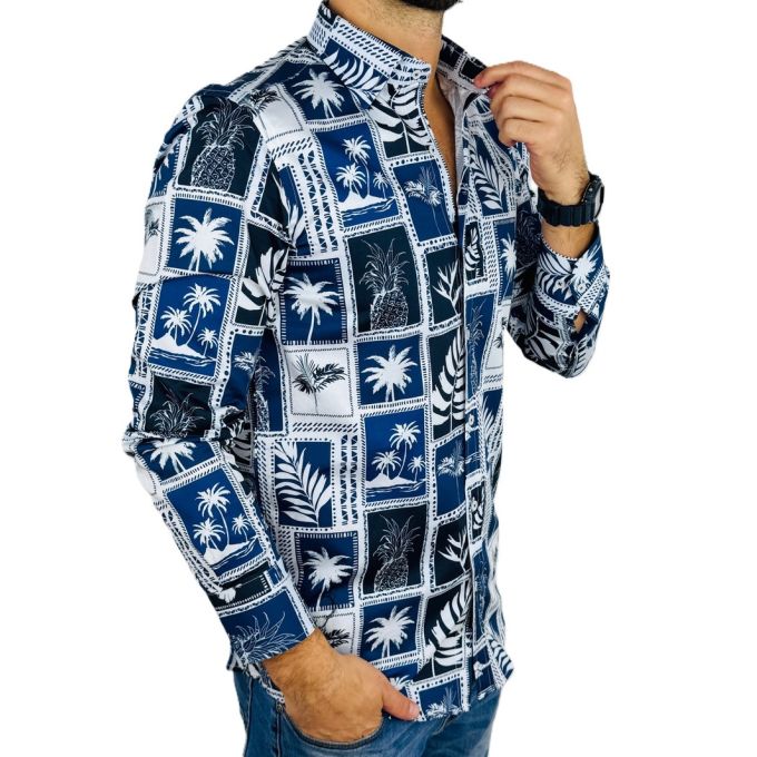 GIOVANNI PERA Koszula męska GP376 granatowa, biała, palmy, ananas, wakacje | Sklep GriShop.eu | Koszule