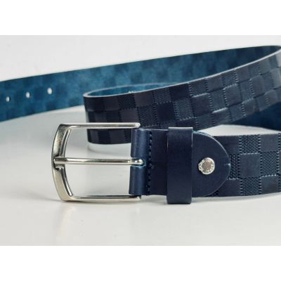 JCL Pasek męski skóra granatowy, szachownica J03 możliwość skracania, klasyczna, srebrna klamra | Sklep GriShop.eu | Strona głów