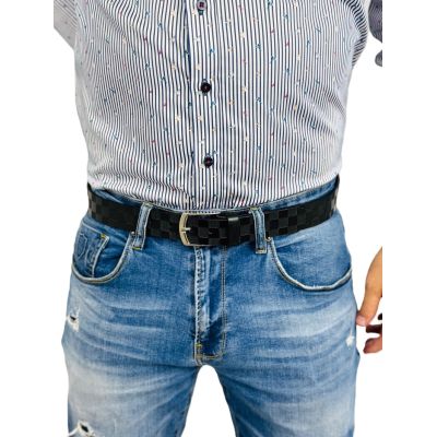 JCL Pasek męski skóra czarny, szachownica J04 możliwość skracania, klasyczna, srebrna klamra | Sklep GriShop.eu | Strona główna