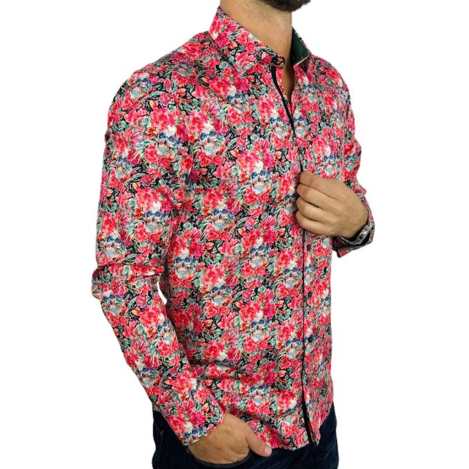 DANIEL BESSI Koszula męska fb109 czerwona, kwiaty, czachy, kolorowa | Sklep GriShop.eu | Koszule
