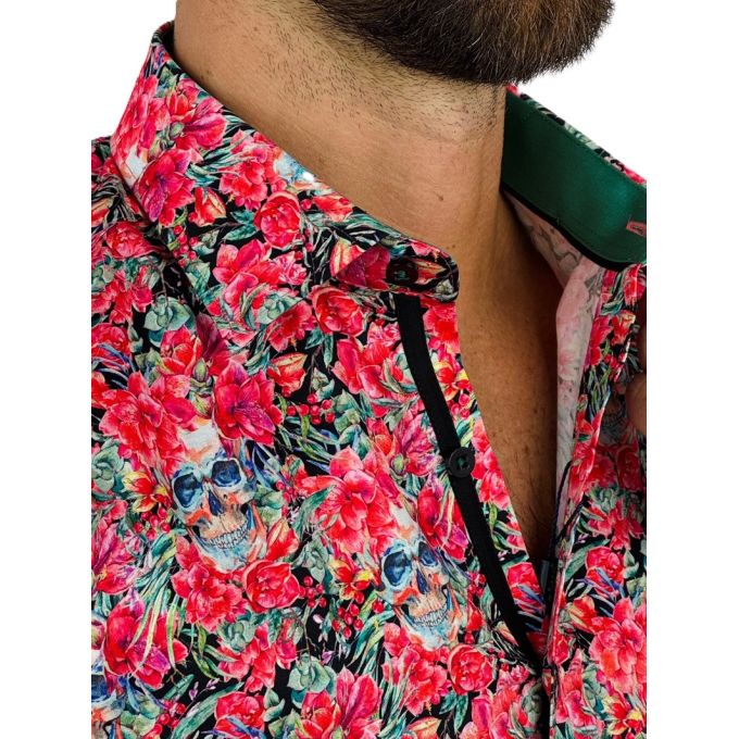 DANIEL BESSI Koszula męska fb109 czerwona, kwiaty, czachy, kolorowa | Sklep GriShop.eu | Koszule