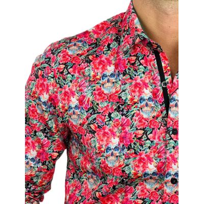 DANIEL BESSI Koszula męska fb109 czerwona, kwiaty, czachy, kolorowa | Sklep GriShop.eu | Koszule