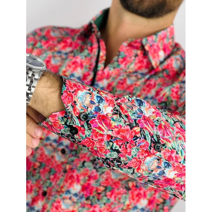 DANIEL BESSI Koszula męska fb109 czerwona, kwiaty, czachy, kolorowa | Sklep GriShop.eu | Koszule