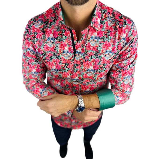 DANIEL BESSI Koszula męska fb109 czerwona, kwiaty, czachy, kolorowa | Sklep GriShop.eu | Koszule