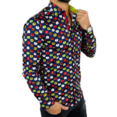 DANIEL BESSI Koszula męska fb108 granatowa w jabłka, wesoła, owoc, kolorowa | Sklep GriShop.eu | Koszule