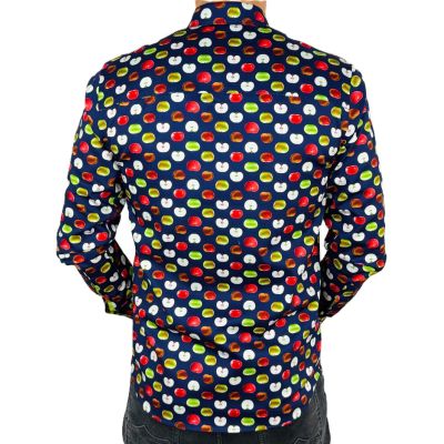 DANIEL BESSI Koszula męska fb108 granatowa w jabłka, wesoła, owoc, kolorowa | Sklep GriShop.eu | Koszule