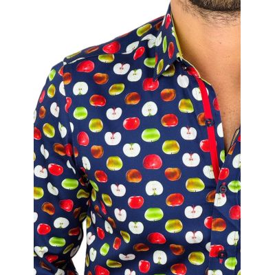 DANIEL BESSI Koszula męska fb108 granatowa w jabłka, wesoła, owoc, kolorowa | Sklep GriShop.eu | Koszule