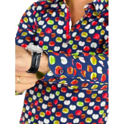 DANIEL BESSI Koszula męska fb108 granatowa w jabłka, wesoła, owoc, kolorowa | Sklep GriShop.eu | Koszule