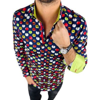 DANIEL BESSI Koszula męska fb108 granatowa w jabłka, wesoła, owoc, kolorowa | Sklep GriShop.eu | Koszule