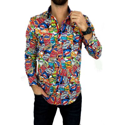 DANIEL BESSI Koszula męska fb122 komiks, BOOM, BANG, kolorowa, bombowa | Sklep GriShop.eu | Koszule