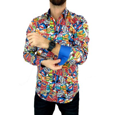DANIEL BESSI Koszula męska fb122 komiks, BOOM, BANG, kolorowa, bombowa | Sklep GriShop.eu | Koszule