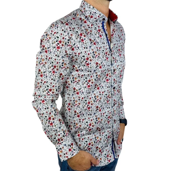 DANIEL BESSI Koszula męska fb127 biała w kolorowe kwiatki, wesoła | Sklep GriShop.eu | Koszule
