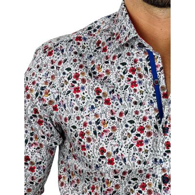 DANIEL BESSI Koszula męska fb127 biała w kolorowe kwiatki, wesoła | Sklep GriShop.eu | Koszule