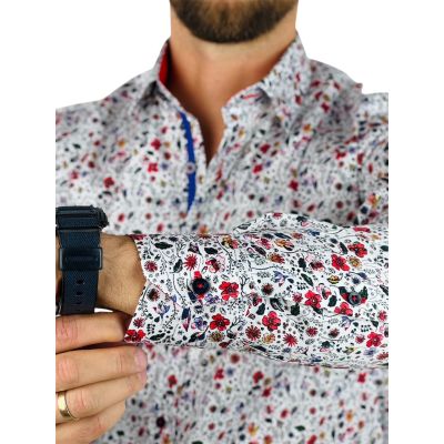 DANIEL BESSI Koszula męska fb127 biała w kolorowe kwiatki, wesoła | Sklep GriShop.eu | Koszule