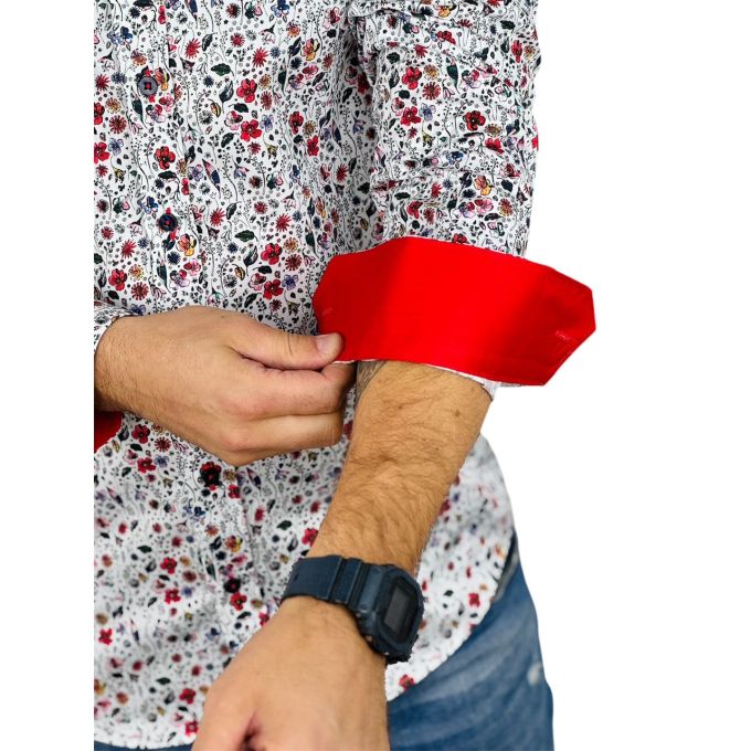 DANIEL BESSI Koszula męska fb127 biała w kolorowe kwiatki, wesoła | Sklep GriShop.eu | Koszule