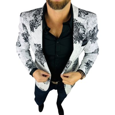 MARCO MILANO Marynarka męska C23 biała, czarny lew, marmur, elegancka | Sklep GriShop.eu | Marynarki