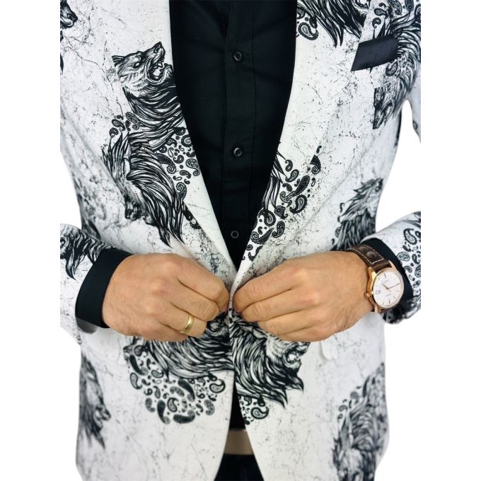 MARCO MILANO Marynarka męska C23 biała, czarny lew, marmur, elegancka | Sklep GriShop.eu | Marynarki