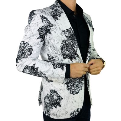 MARCO MILANO Marynarka męska C23 biała, czarny lew, marmur, elegancka | Sklep GriShop.eu | Marynarki