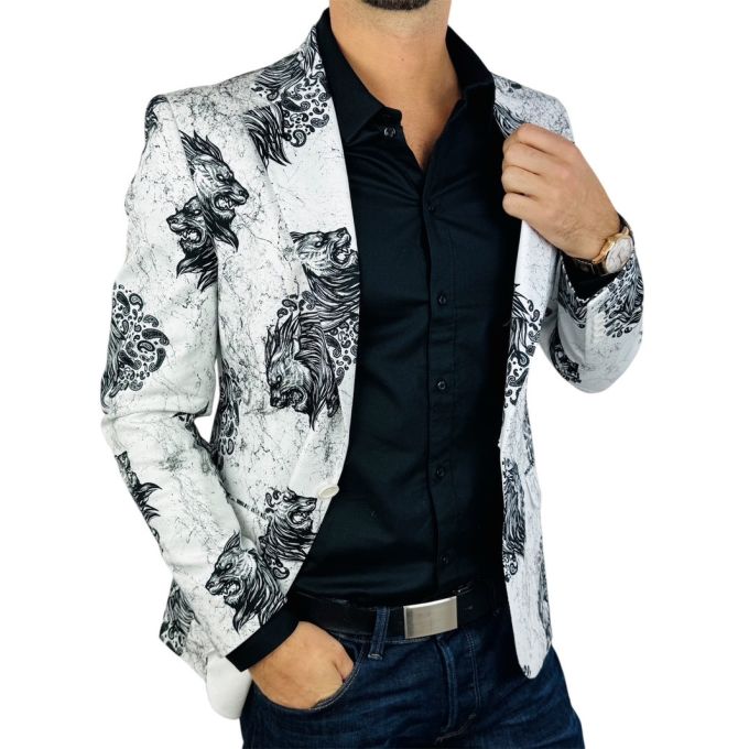 MARCO MILANO Marynarka męska C23 biała, czarny lew, marmur, elegancka | Sklep GriShop.eu | Marynarki
