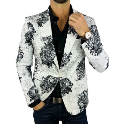 MARCO MILANO Marynarka męska C23 biała, czarny lew, marmur, elegancka | Sklep GriShop.eu | Marynarki