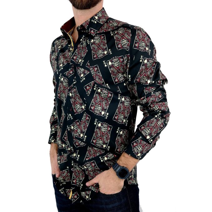 DANIEL BESSI Koszula męska fb045 czarna, KARTY, czaszki, król | Sklep GriShop.eu | Koszule