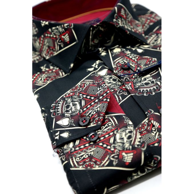 DANIEL BESSI Koszula męska fb045 czarna, KARTY, czaszki, król | Sklep GriShop.eu | Koszule