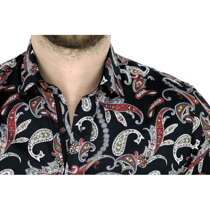 DANIEL BESSI Koszula męska fb543 paisley kwiaty czarna czerwona | Sklep GriShop.eu | Koszule