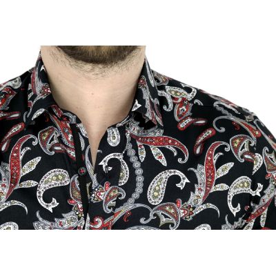 DANIEL BESSI Koszula męska fb543 paisley kwiaty czarna czerwona | Sklep GriShop.eu | Koszule