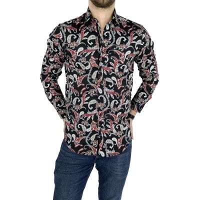 DANIEL BESSI Koszula męska fb543 paisley kwiaty czarna czerwona | Sklep GriShop.eu | Koszule
