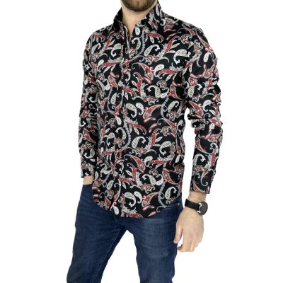 DANIEL BESSI Koszula męska fb543 paisley kwiaty czarna czerwona | Sklep GriShop.eu | Koszule